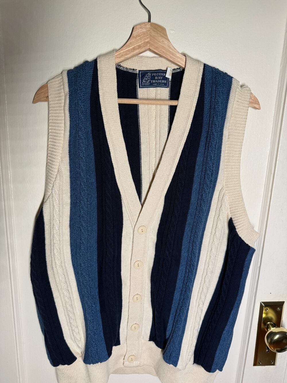 Vintage Peconic Bay Traders Sweater Vest Men’s XL Blue Striped Cable Knit USA